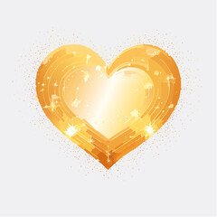 Pink heart shape with a gold outline and scattered gold glitter particles on a white background love