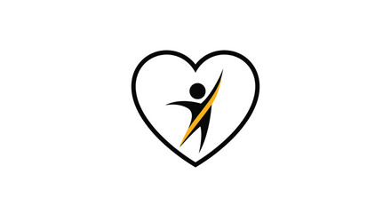 Fototapeta premium Motivational logo depicting a stylized person with one arm raised in triumph placed inside a black heart outline for health.