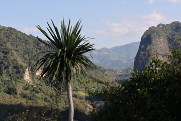 Panoramic autumn mountain landscape featuring a high peak view over a misty forest valley with green trees and a lake under a cloudy sky in Laos