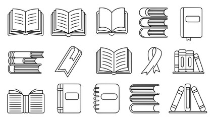 Line art icon set of books and study items: open and closed books, stacked volumes, bookmark, notebook, spiral notebook, backpack, and educational symbols