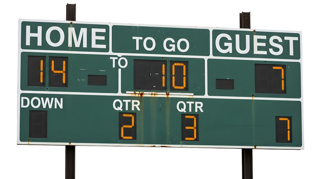 Vintage american football scoreboard display with numbers isolated on transparent background