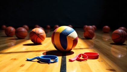Basketball balls on the floor. Close-up. Horizontal Generative AI Basketball balls on the floor. Close-up. Horizontal Generative