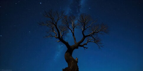 Lonely tree on the background of starry sky at night generative AI Lonely tree on the background of starry sky at night