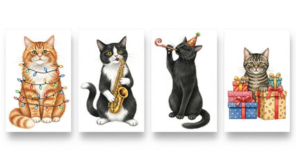 Watercolor Funny New Year Cats, Holiday Humor Cat Cards Set of 4, Cute Christmas Kitten Illustrations, Festive Gift Art