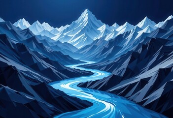 Abstract background with mountains and blue river, 3d rendering. Computer digital drawing. Generative AI Abstract background with