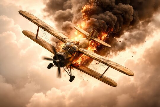 A yellow plane is in the air with smoke and fire coming out of it