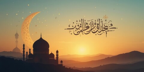 Silhouette of mosque at sunset. Ramadan Kareem background. AI Generated Silhouette of mosque at sunset. Ramadan Kareem