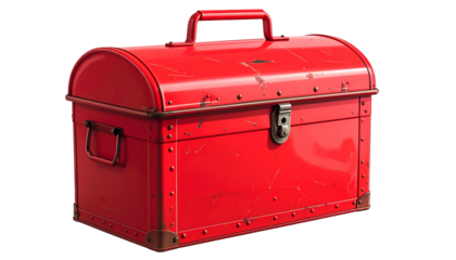 A weathered, bright red metal toolbox with handle and clasp, showing wear and rivet details