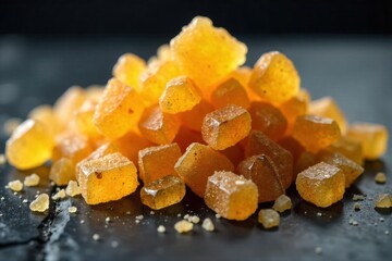 yellow caramelized sugar on a dark stone background. close-up AI generated yellow caramelized sugar on a dark stone background.