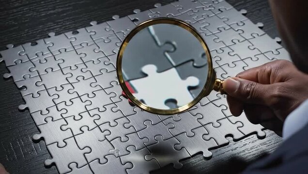 Businessmans Hand Magnifying Glass Over Jigsaw Puzzle with Red Piece.