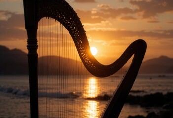 Silhouette of a harp against the backdrop of the sunset Generative AI Silhouette of a harp against the backdrop of the sunset