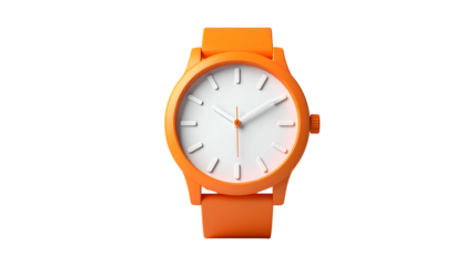 Vibrant orange wristwatch with a white face, isolated on a black background, minimalist design