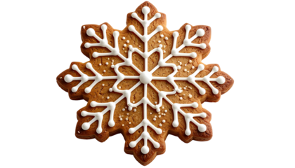 Close-up of a festive, snowflake-shaped cookie with white icing on a transparent background