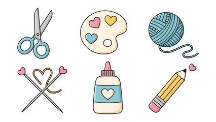 Creative Crafting Essentials: A collection of crafting tools, arranged to inspire artistic endeavors and unleash imagination. Featuring scissors, a paint palette, yarn, knitting needles, glue.