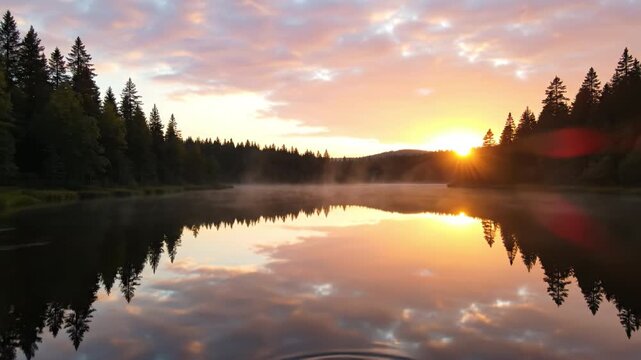 Sunrise lake reflection forest mist calm water pine tree orange sky mirror reflection tranquil early morning horizon