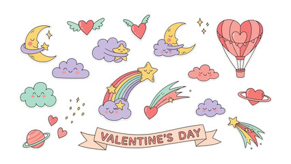 Valentine's Day Decorations: Whimsical illustrations, featuring hearts, stars, and celestial elements, add a touch of romance to the festive celebration.