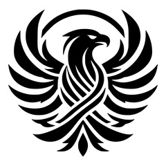 Obraz premium A majestic black eagle logo with outstretched wings on a white background, symbolizing freedom and power.