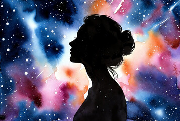 Profile of a woman with colorful space background showing stars and clouds in different shades