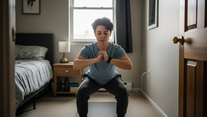 Young person performs squats at home in a bedroom during daylight hours for fitness and exercise