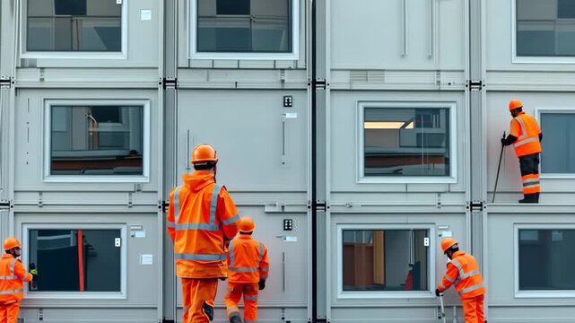 selective focus workers assembling modular building units construction site scene