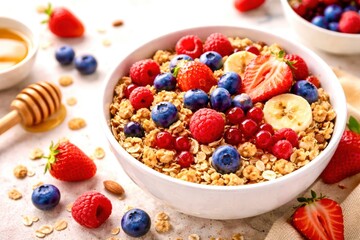 A bowl of fruit and oatmeal with blueberries, strawberries, and almonds