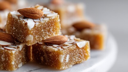 gourmet dessert presentation, a decadent chana dal halwa, cut into diamond shapes, neatly arranged on a marble slab with an almond slice, illuminated in soft light