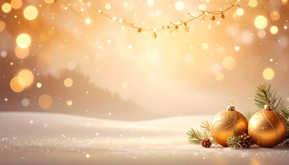Beautiful Golden Christmas Ornaments on Snowy Background.