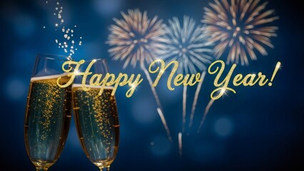 Two champagne glasses with fireworks and happy New Year text over dark blue background. Celebration concept for greeting card and party invitation.