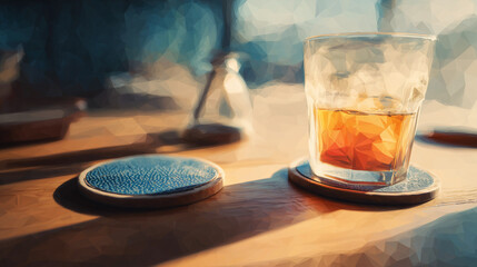 テーブルに置かれたコースターと飲み物が、くつろぎの時間を演出する日常のワンシーンの水彩ポリゴン