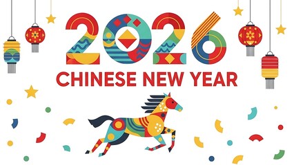 Obraz premium Vibrant 2026 Lunar New Year illustration with a colorful folk art horse, traditional lanterns, and confetti, capturing the joyful spirit of the Asian holiday