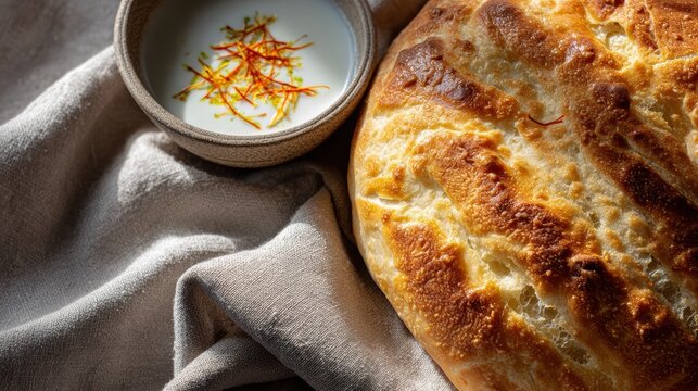 food styling, a flat-lay of saffron-infused sheermal bread with a golden-brown crust, honey, saffron glaze, and rose-scented cream warm morning light highlights its flaky texture