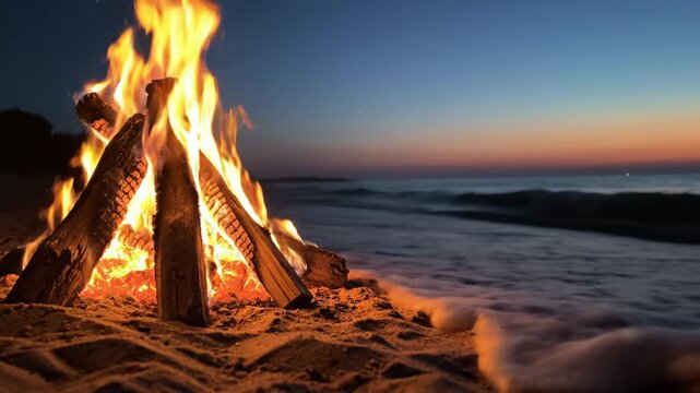 Beach bonfire at sunset with glowing flame and logs, sparks lighting warm sand and gentle ocean waves, driftwood and flickering ember glow at dusk creating cozy warm light by firepit