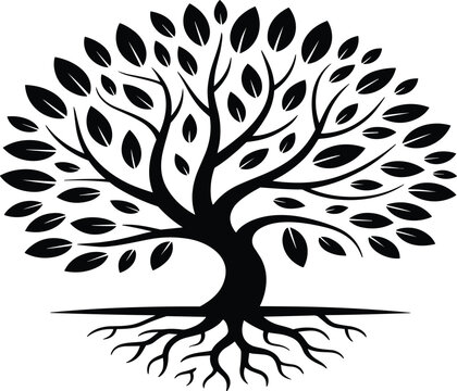Symmetrical High-Contrast Silhouette of a Full Leafy Tree with Exposed Root System for Environmental, Heritage, and Organic Wellness Branding