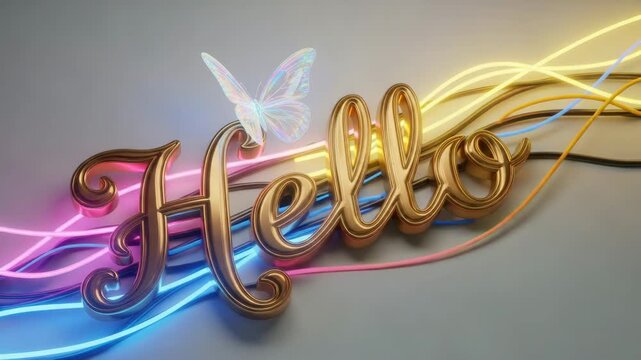 Hello in golden script with a glowing butterfly and vibrant neon light trails