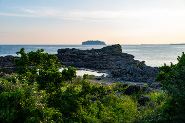 idyllic seascape with rocky seaside in Jeju Island, South Korea