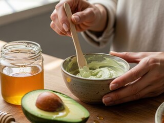 Close-up of hands mixing a green paste (likely avocado) in a bowl. A jar of honey and a halved avocado sit nearby on a wooden counter, suggesting DIY natural beauty.