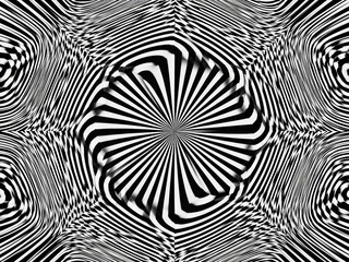 Black and white Op Art abstract pattern featuring a central radiating oval shape surrounded by highly distorted, wavy, and converging stripes, creating a strong visual illusion.