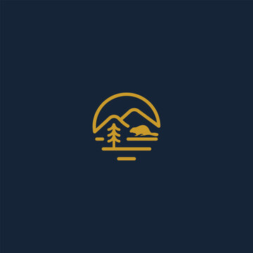 Minimalist beaver mountain tree emblem