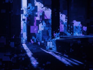 A dark, glitch-art scene showing an architectural corridor distorted by blue and purple data blocks, evoking a cyberpunk or digital decay aesthetic.