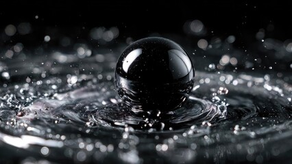 A glossy black marble resting on rippling water with droplets mid-splash. Concept Macro Photography, Glossy Marble, Water Ripples, Droplets in Motion, Dark Aesthetic