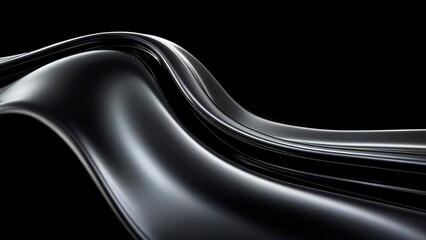 Abstract close-up of a glossy, flowing metallic ribbon on a black background. Concept Abstract metallic ribbon, glossy close-up, flowing lines, dark background, reflective textures