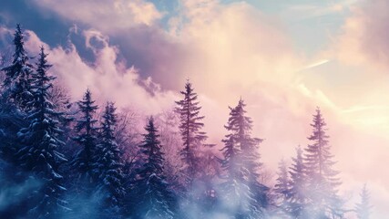 Ethereal winter scene with snow-laden trees and soft purple hues. - Powered by Adobe