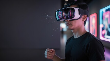 A person wearing a VR headset engages with virtual reality in a modern, tech-inspired environment.
