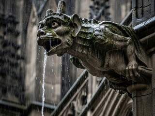 Dramatic close-up of a moss-covered gothic gargoyle on a rainy day, with water pouring from its snarling mouth.