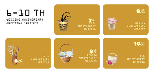 6th to 10th Wedding Anniversary Greeting Card Set with Traditional Symbols