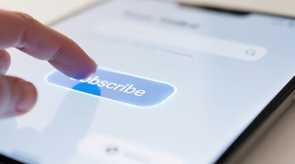 A close-up view of a hand about to click a "Subscribe" button on a smartphone screen, emphasizing digital engagement and online interaction.