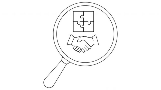 A magnifying glass focuses on a handshake below four jigsaw puzzle pieces interlocked in a square shape