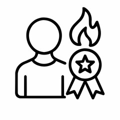 Obraz premium Line icon of a person with ribbon and flame — recognition through effort, black on white, square minimalist style