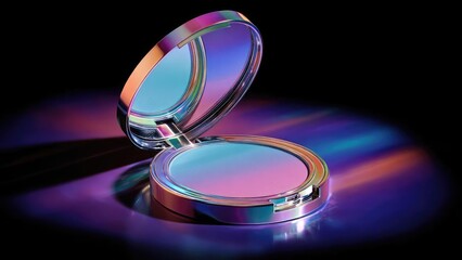 Iridescent makeup compact with a rainbow-hued powder and open mirror against a dark background. Concept Iridescent makeup compact, rainbow-hued powder, open mirror, dark background