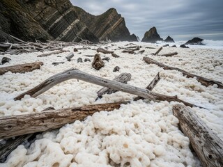 Coastal landscape featuring a massive accumulation of white sea foam and logs on a rugged beach, framed by stratified cliffs and offshore rock stacks.